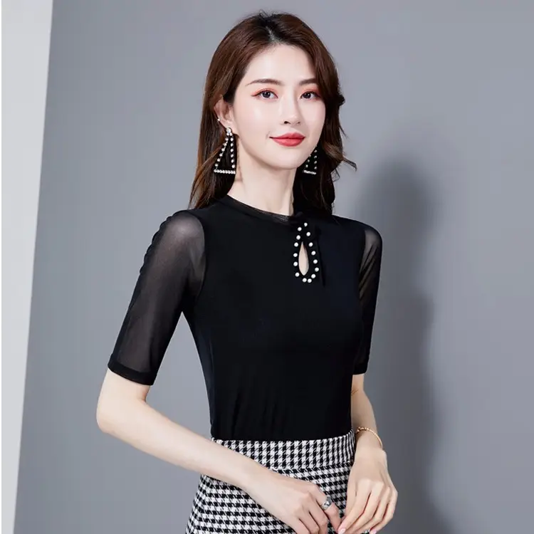 Black Pearl Mesh Slim Fit Top with Hollow Out Design - Image 3