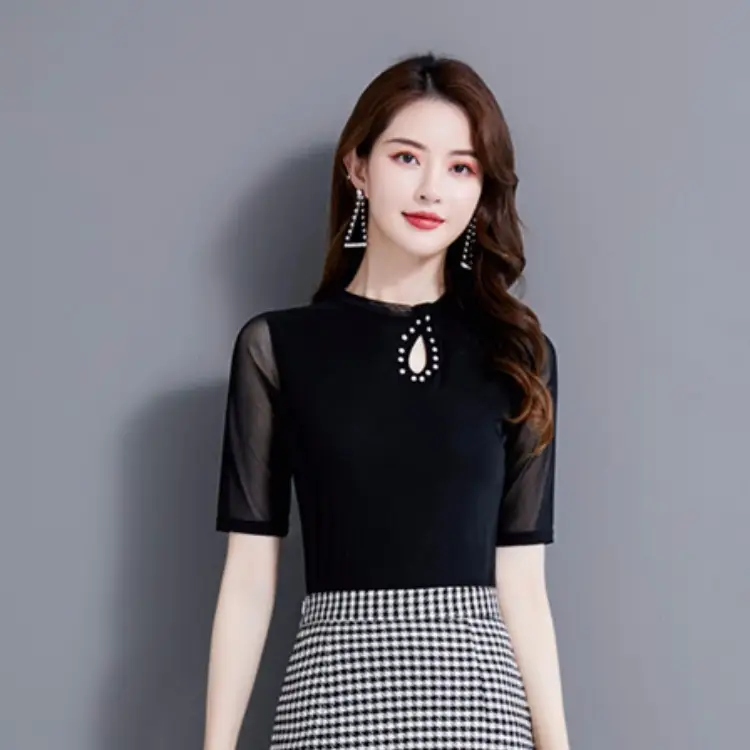 Black Pearl Mesh Slim Fit Top with Hollow Out Design - Image 4
