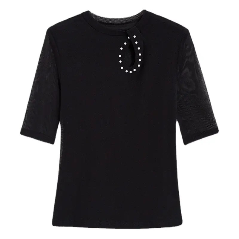 Black Pearl Mesh Slim Fit Top with Hollow Out Design