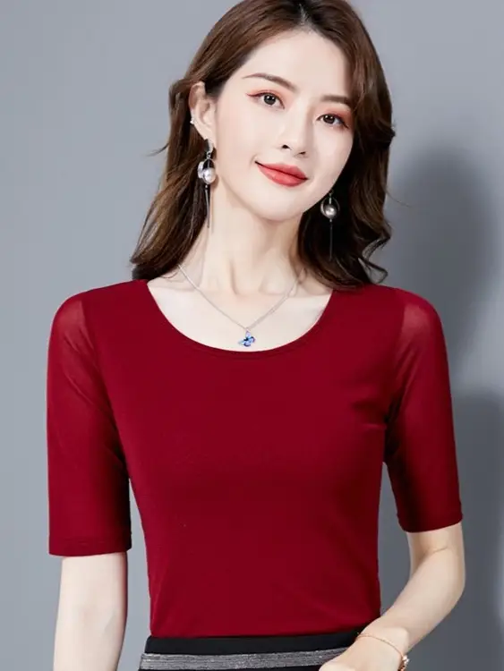 Women Mid Sleeve T-Shirt Red Slimming K-Style