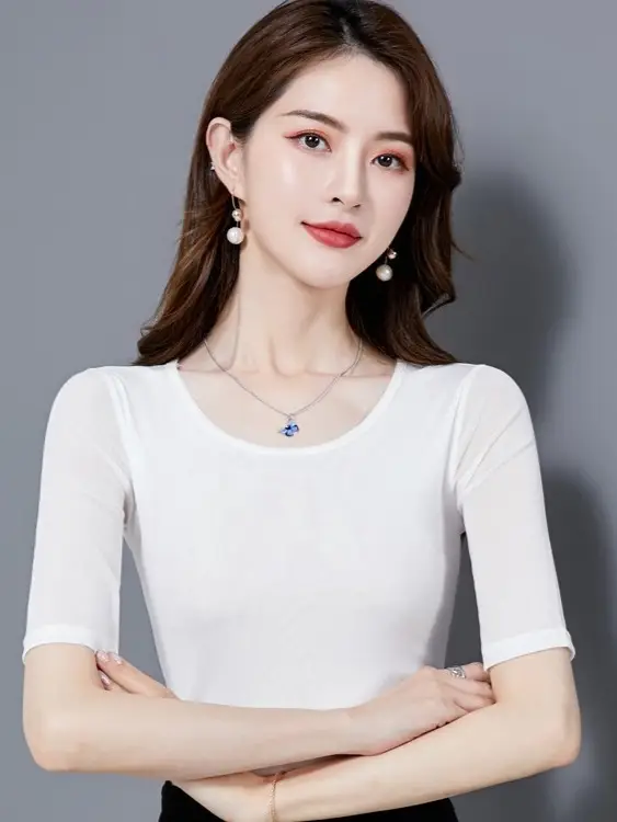 Women Mid Sleeve T-Shirt Red Slimming K-Style