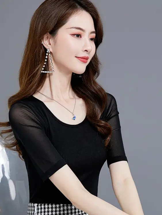 Women Mid Sleeve T-Shirt Red Slimming K-Style