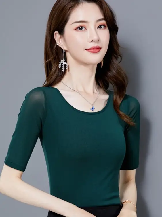 Women Mid Sleeve T-Shirt Red Slimming K-Style