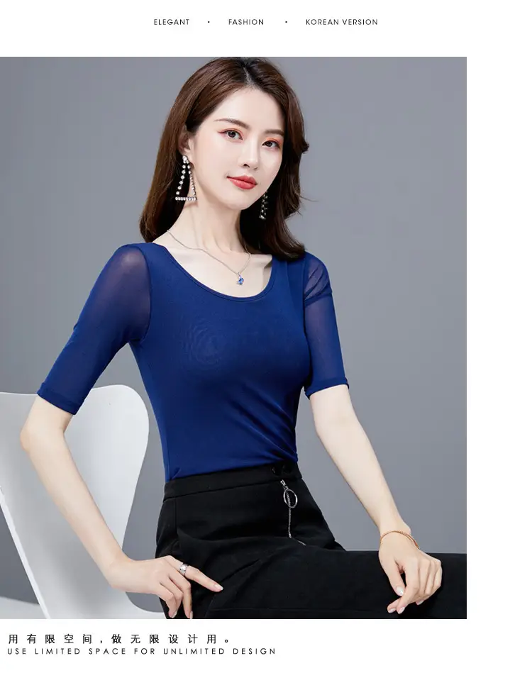 Women Mid Sleeve T-Shirt Red Slimming K-Style — feature 14