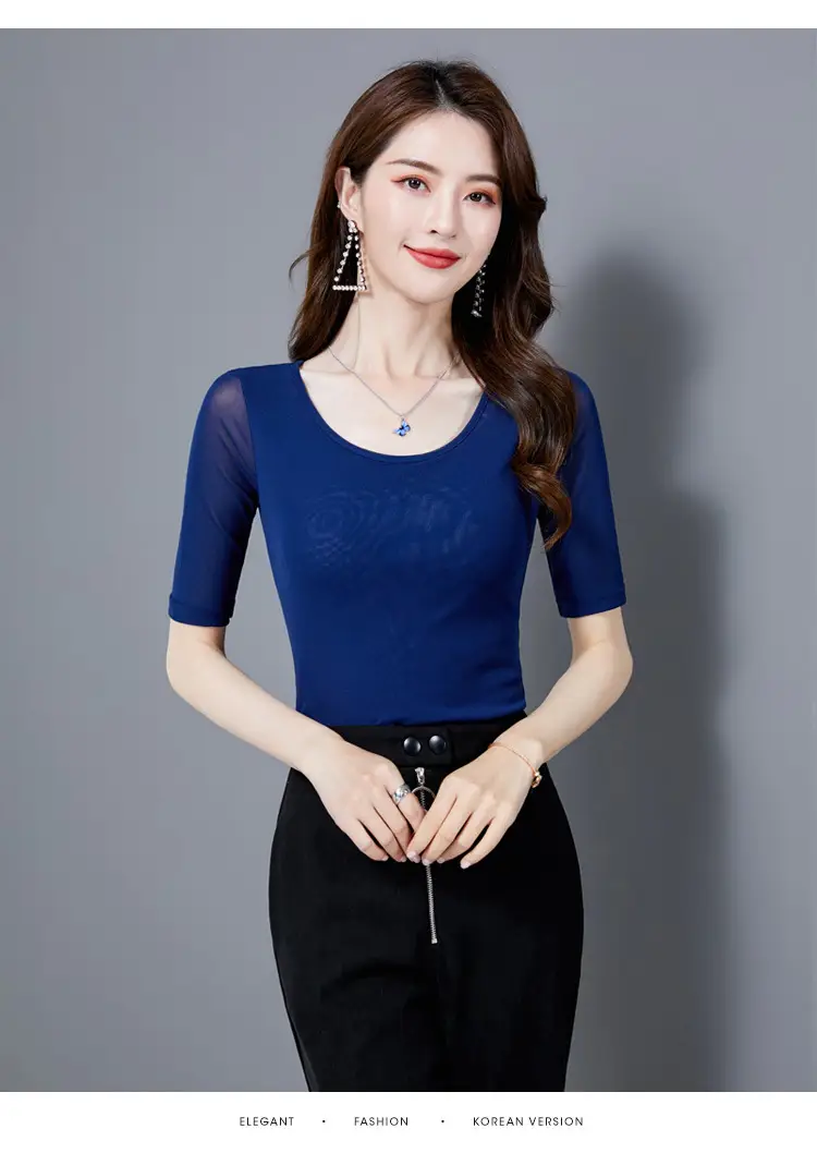 Women Mid Sleeve T-Shirt Red Slimming K-Style — feature 15