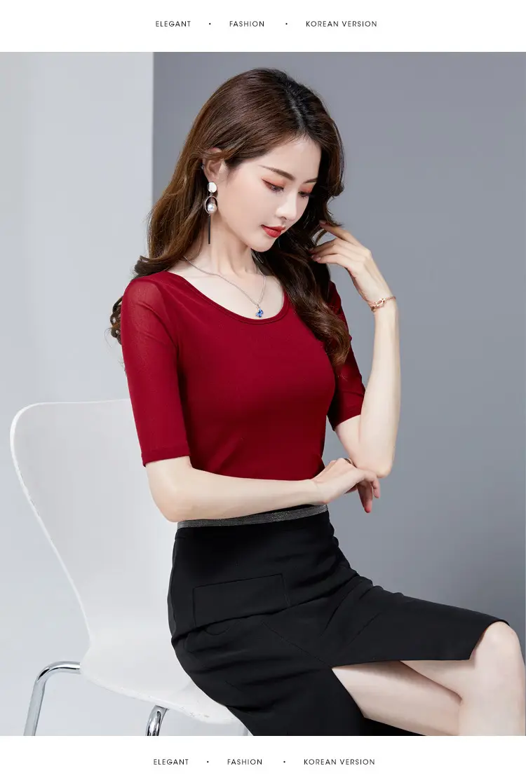 Women Mid Sleeve T-Shirt Red Slimming K-Style — feature 18