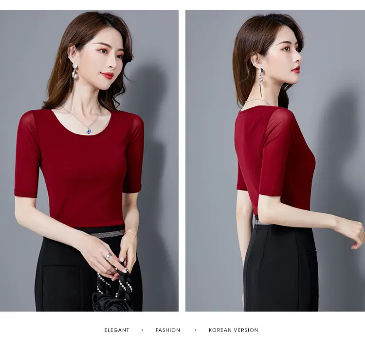 Women Mid Sleeve T-Shirt Red Slimming K-Style — feature 19