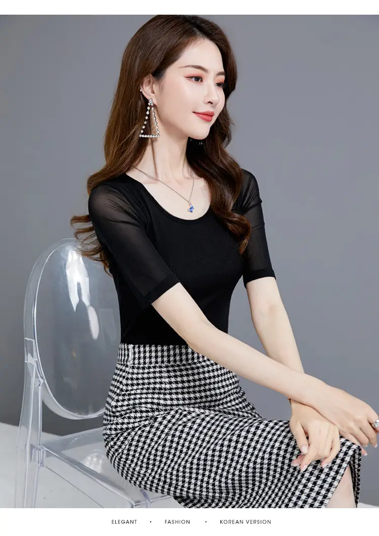 Women Mid Sleeve T-Shirt Red Slimming K-Style — feature 22