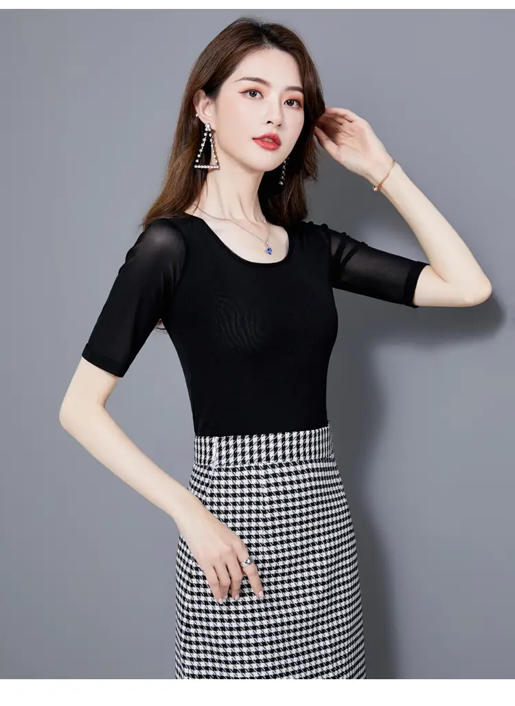 Women Mid Sleeve T-Shirt Red Slimming K-Style — feature 23