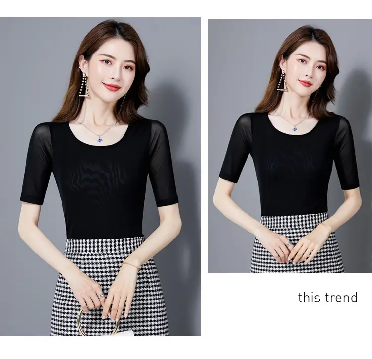 Women Mid Sleeve T-Shirt Red Slimming K-Style — feature 24