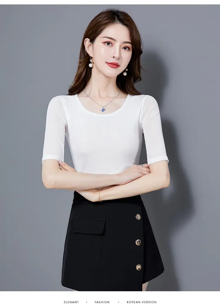 Women Mid Sleeve T-Shirt Red Slimming K-Style — feature 26