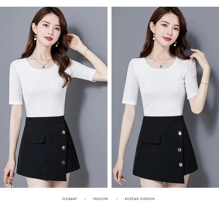 Women Mid Sleeve T-Shirt Red Slimming K-Style — feature 27