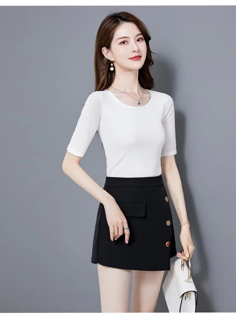Women Mid Sleeve T-Shirt Red Slimming K-Style — feature 28