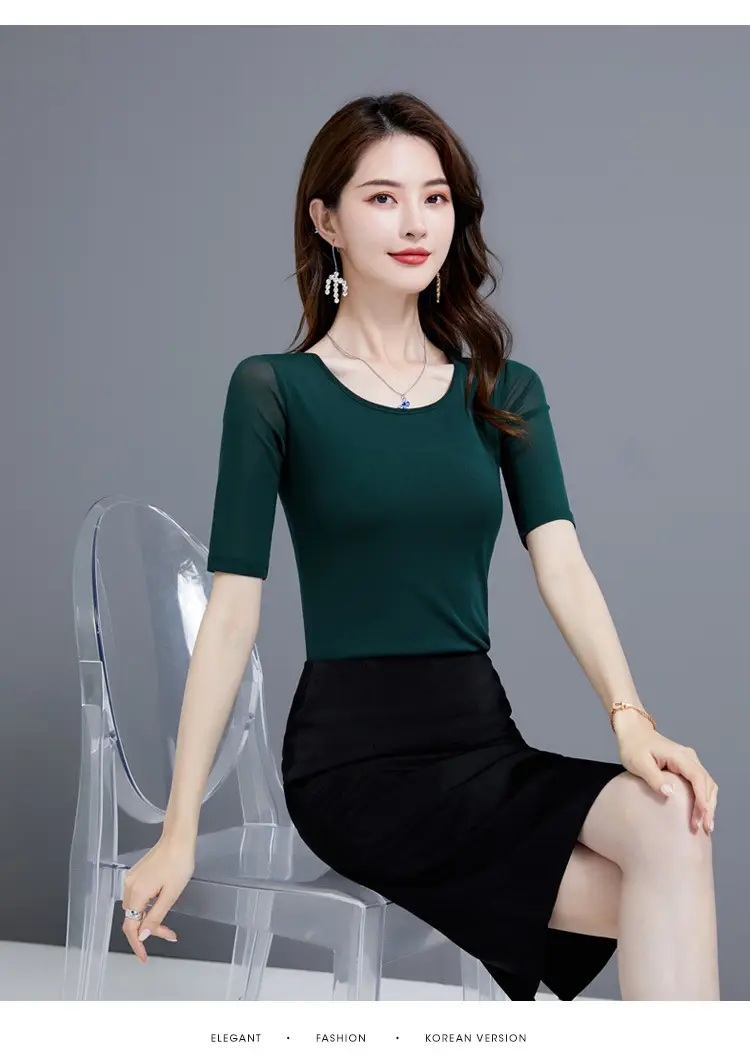 Women Mid Sleeve T-Shirt Red Slimming K-Style — feature 30
