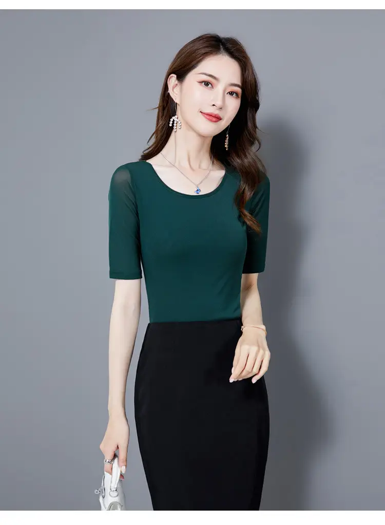 Women Mid Sleeve T-Shirt Red Slimming K-Style — feature 33