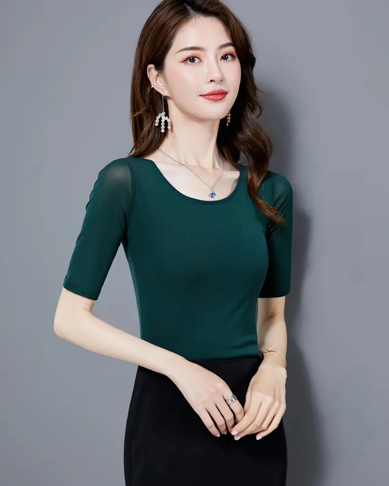 Women Mid Sleeve T-Shirt Red Slimming K-Style