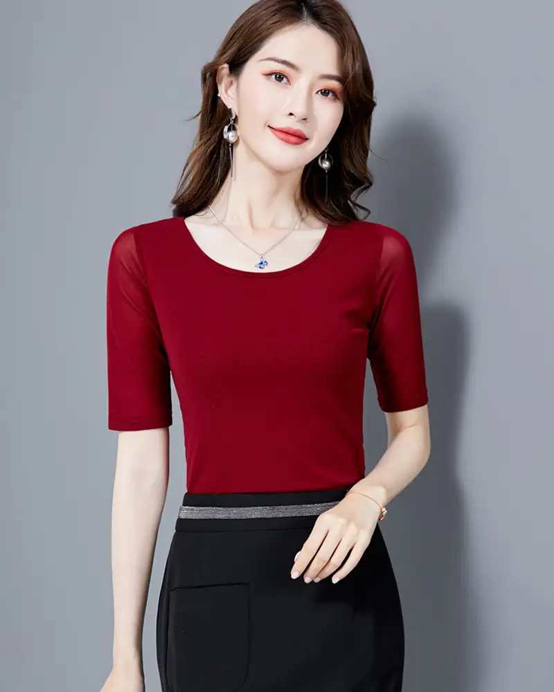 Women Mid Sleeve T-Shirt Red Slimming K-Style