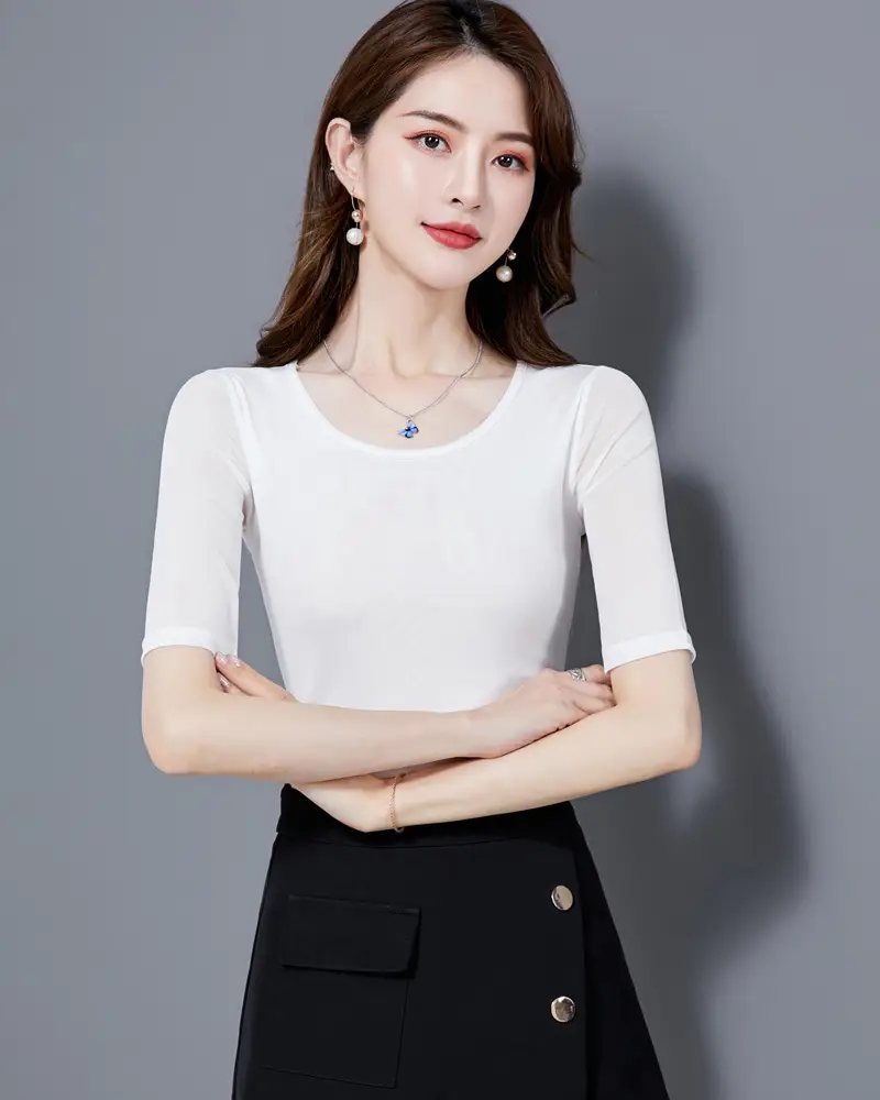 Women Mid Sleeve T-Shirt Red Slimming K-Style