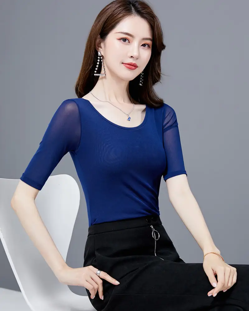 Women Mid Sleeve T-Shirt Red Slimming K-Style