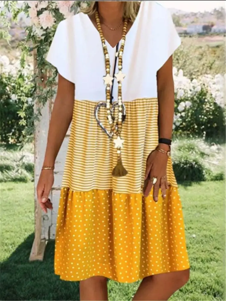 Women V-Neck Yellow Polka Dot Shorts Dress