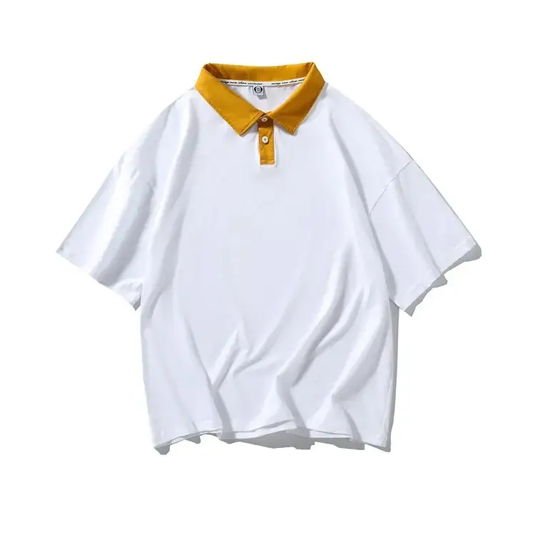 White Polo Shirt with Yellow Collar and Middle Sleeve