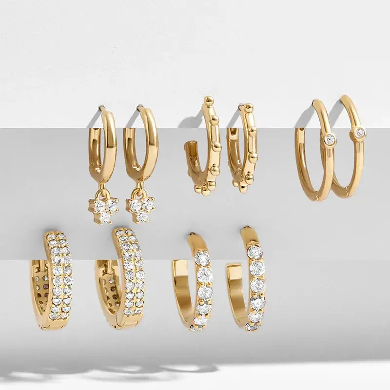 Gold Zircon Diamond Earrings Set with C-Shape Buckle
