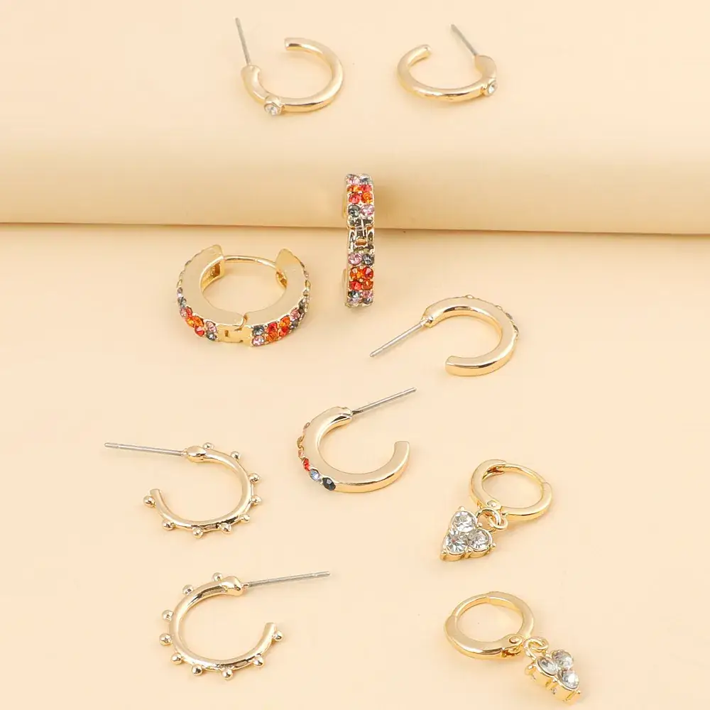 Gold Zircon Diamond Earrings Set with C-Shape Buckle