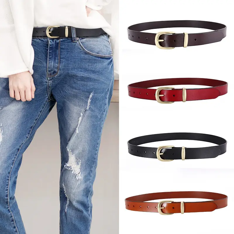 Women's Red Genuine Leather Belt with Gold Buckle - Image 7