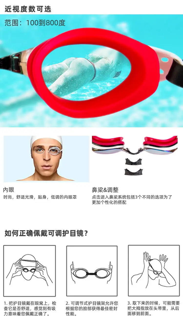 Wave Professional Fashionable Silicone Waterproof Anti-Fog Electroplated High-Definition Swimming Goggles for Men and Women with Prescription Lenses — feature 5