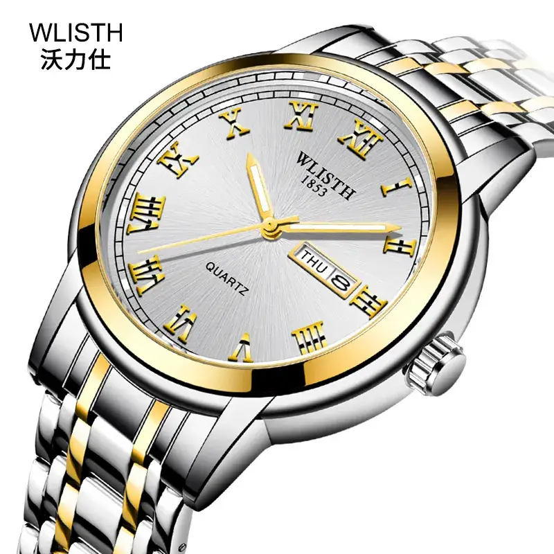 Business Men's Blue Dial Quartz Watch with Luminous Steel Band