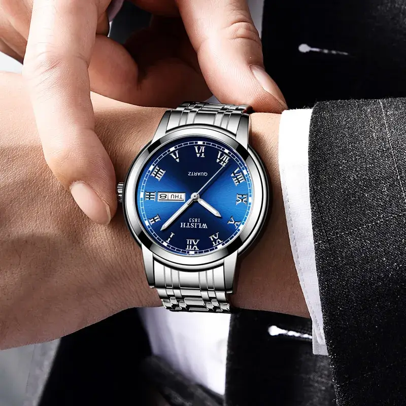Business Men's Blue Dial Quartz Watch with Luminous Steel Band - Image 7