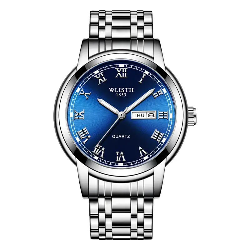 Business Men's Blue Dial Quartz Watch with Luminous Steel Band - Image 2