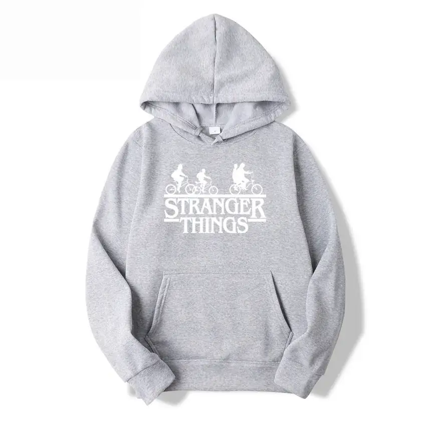 Men's Grey Stranger Things Hoodie with Stamp Print - Image 3