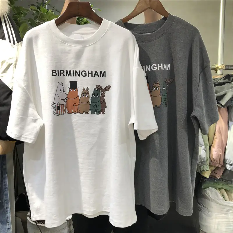 Cartoon Printed Short Sleeve T-Shirt Women White Grey Large
