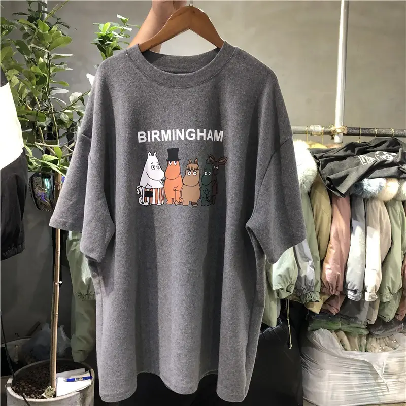 Cartoon Printed Short Sleeve T-Shirt Women White Grey Large