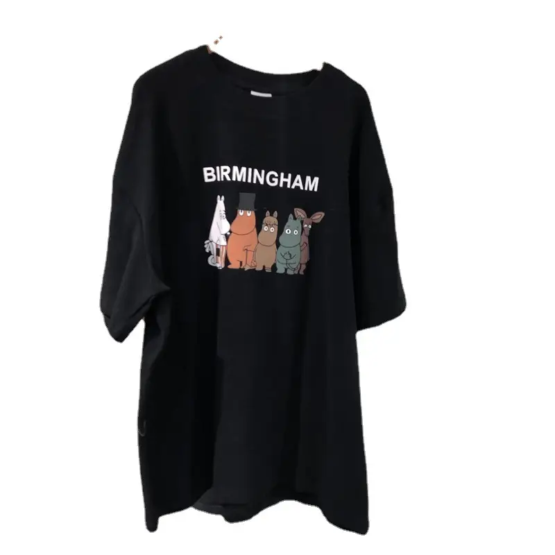 Cartoon Printed Short Sleeve T-Shirt Women White Grey Large