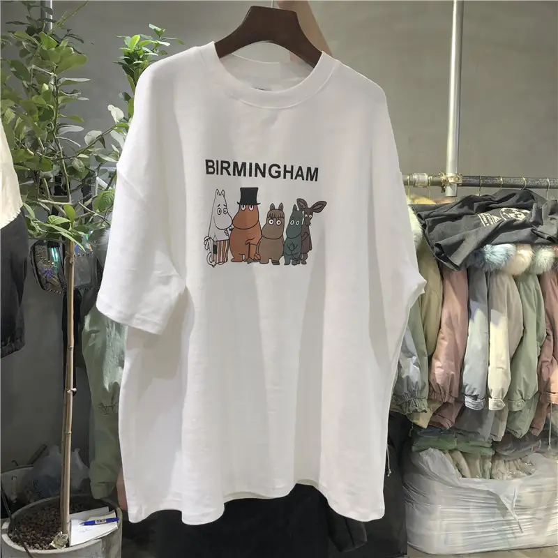Cartoon Printed Short Sleeve T-Shirt Women White Grey Large