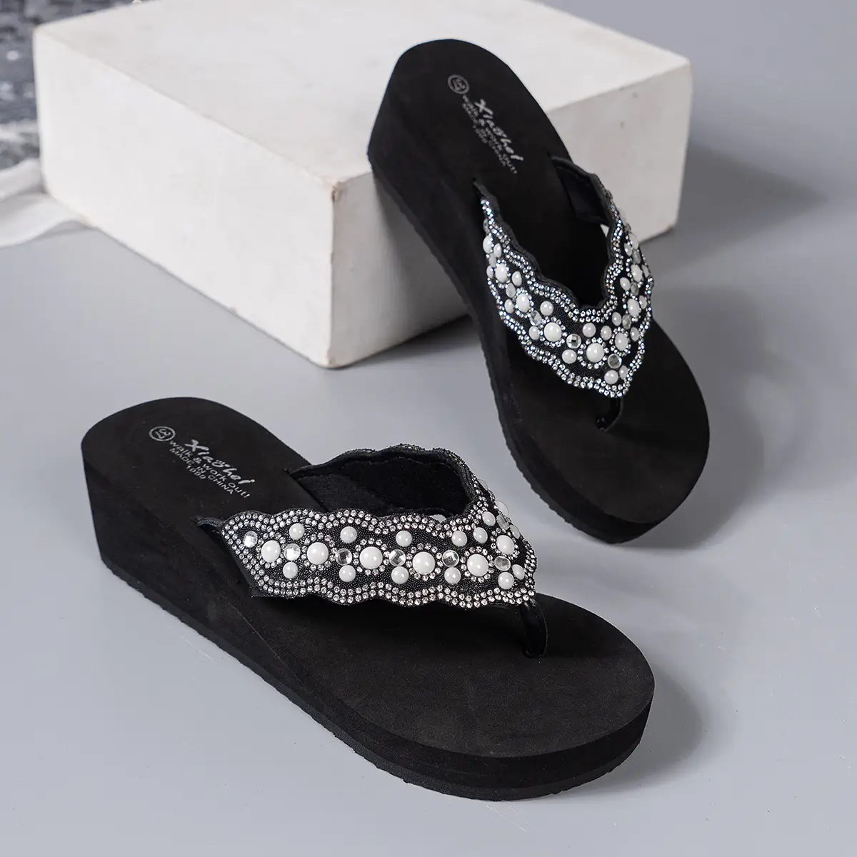 Black Rhinestone EVA Wedge Sandals for Women