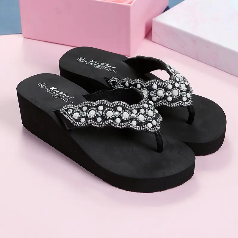 Black Rhinestone EVA Wedge Sandals for Women