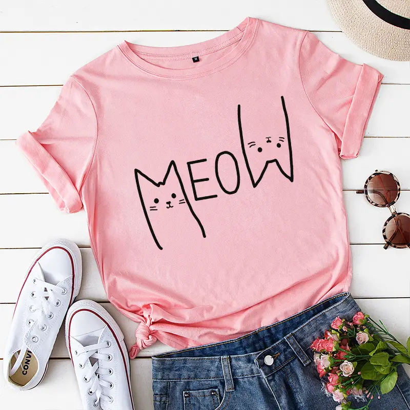 Pink Meow Print Cotton T-Shirt for Women - Image 7