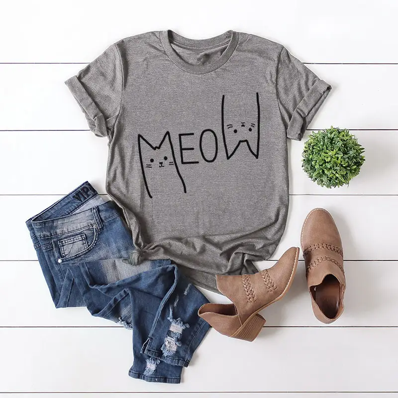 Pink Meow Print Cotton T-Shirt for Women - Image 6