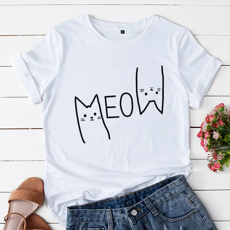 Pink Meow Print Cotton T-Shirt for Women - Image 3