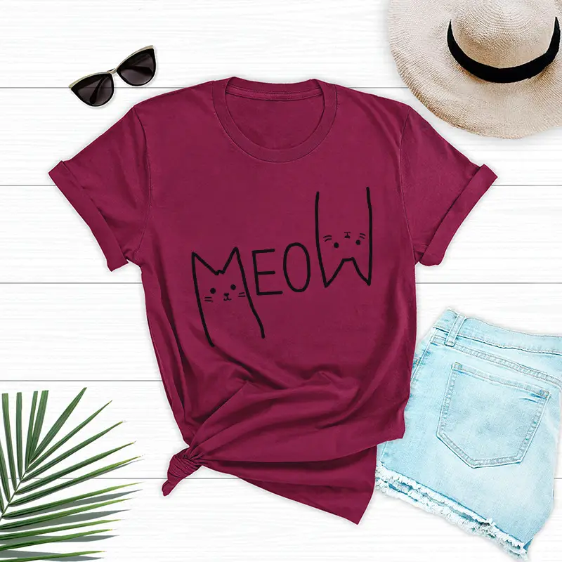 Pink Meow Print Cotton T-Shirt for Women - Image 5