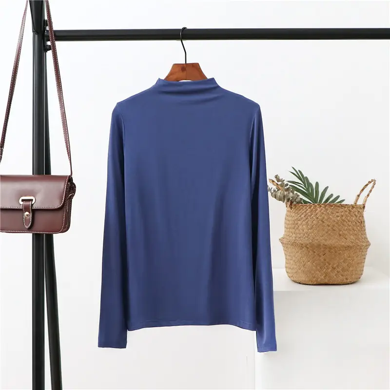 Women Korean Style Blue Long Sleeve Shirt Solid Color Modal - Image 6