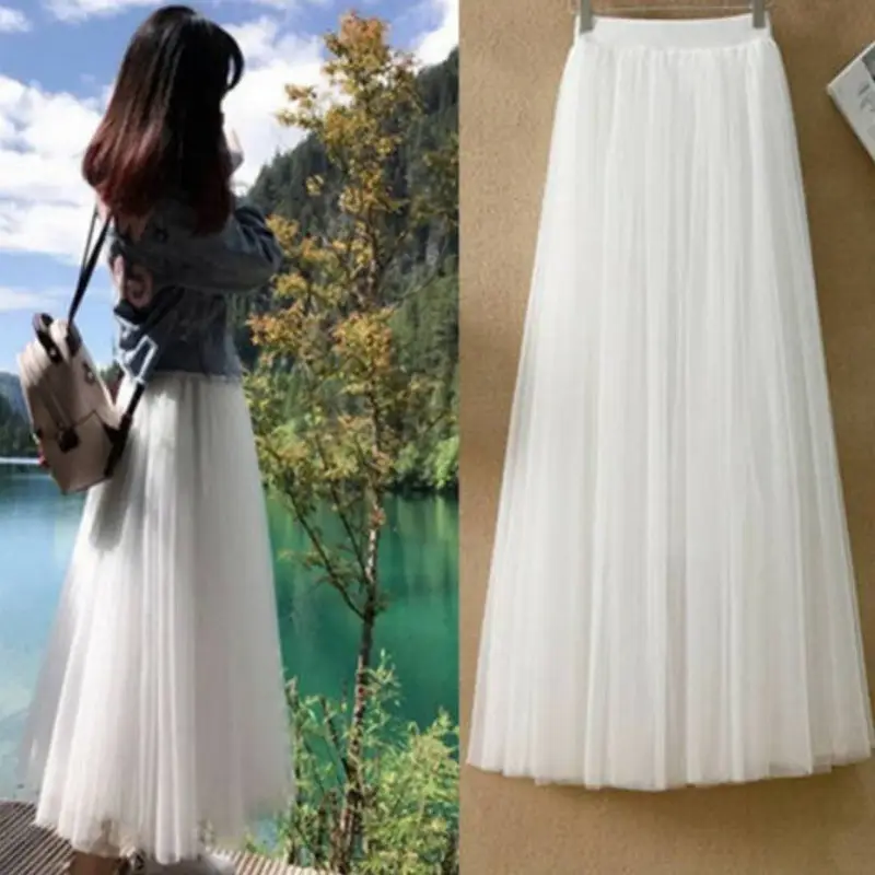 White Mesh Pleated Mid-Length Skirt for Women