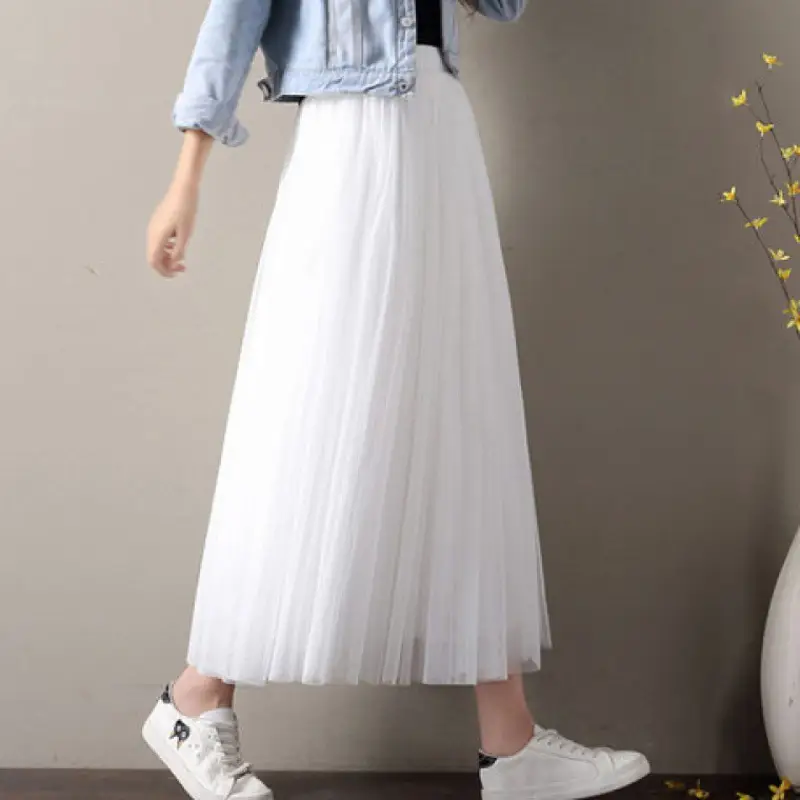 White Mesh Pleated Mid-Length Skirt for Women