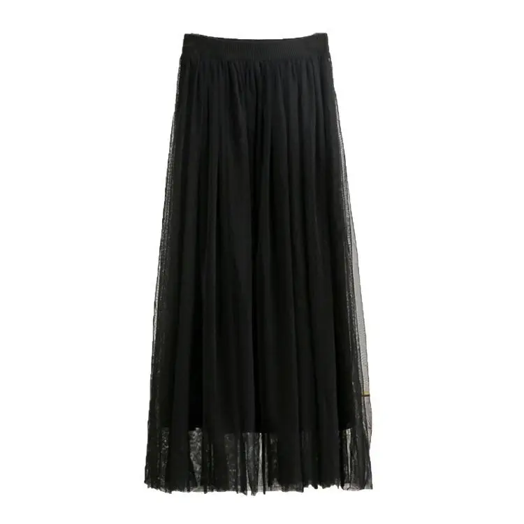 White Mesh Pleated Mid-Length Skirt for Women