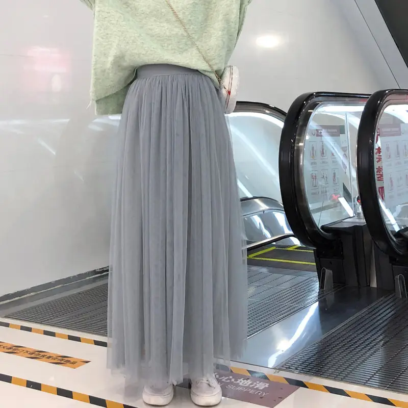 White Mesh Pleated Mid-Length Skirt for Women