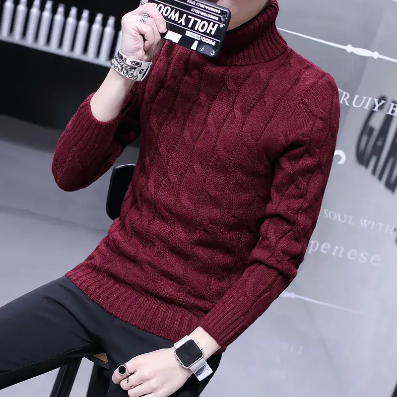 Winter Men's Black Turtleneck Knit Pullover