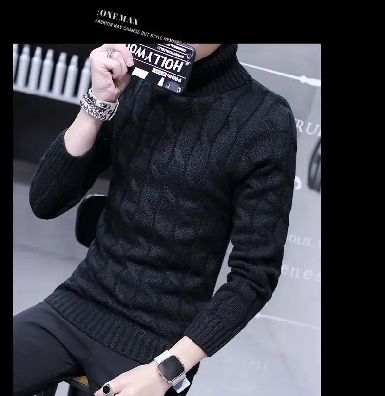 Winter Men's Black Turtleneck Knit Pullover — feature 10